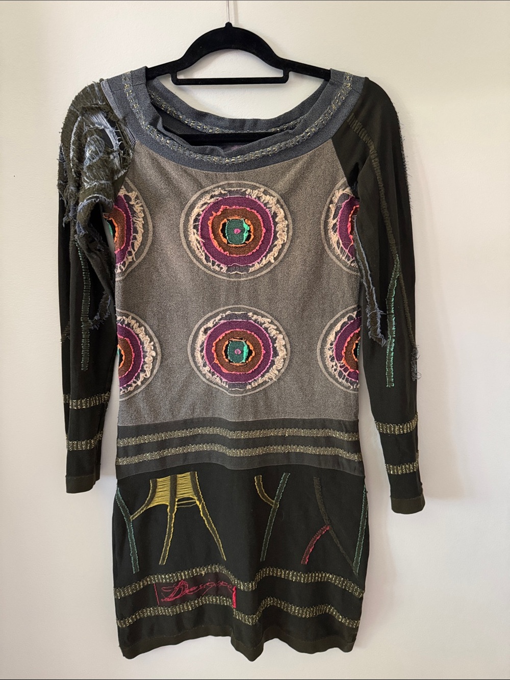 Desigual Olive Green Multicolor Embroidered Long Sleeve Dress size L